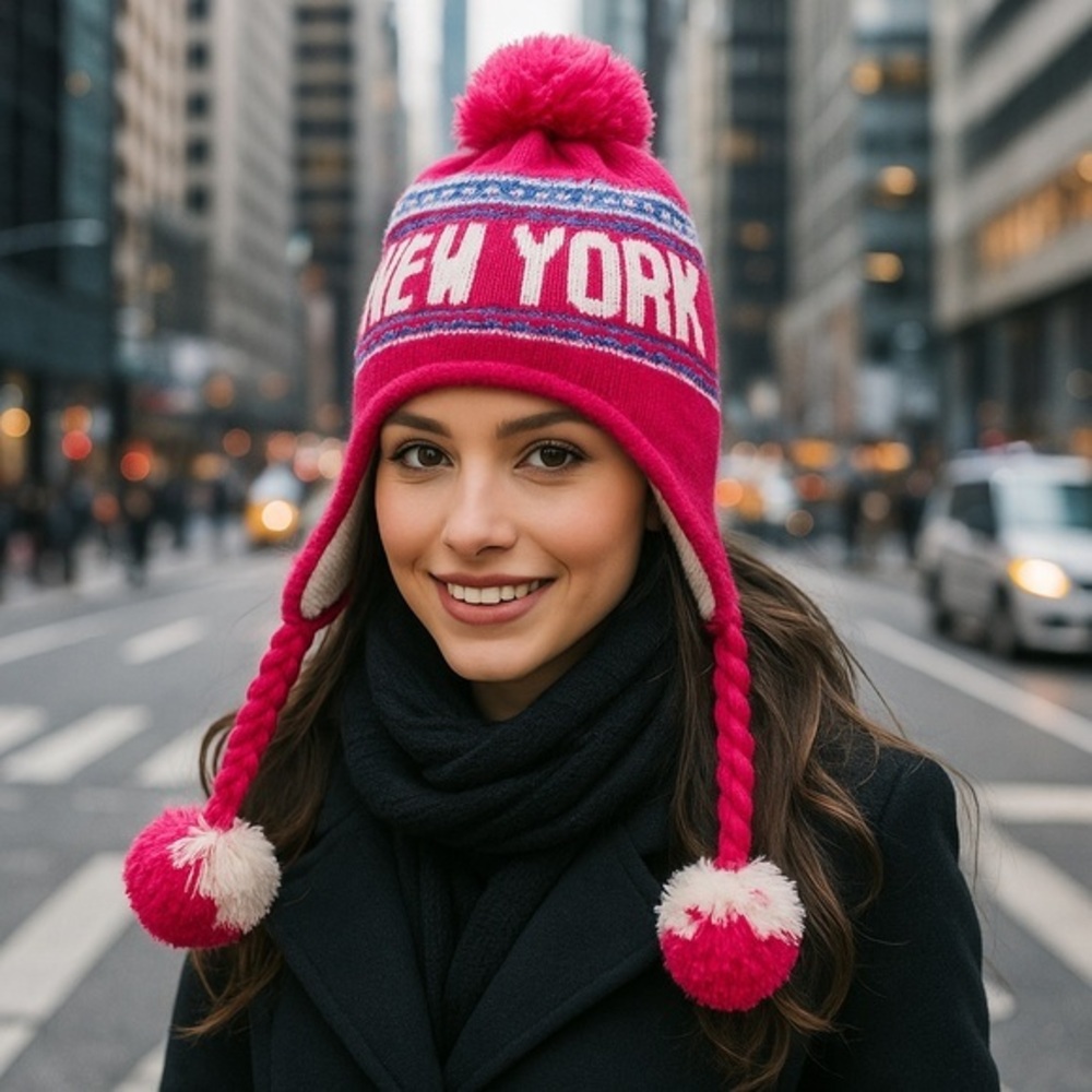 NEW YORK Fleece Faux Fur Pom Pom Knit Beanie Winter Hat Cap Earflap OS NWT